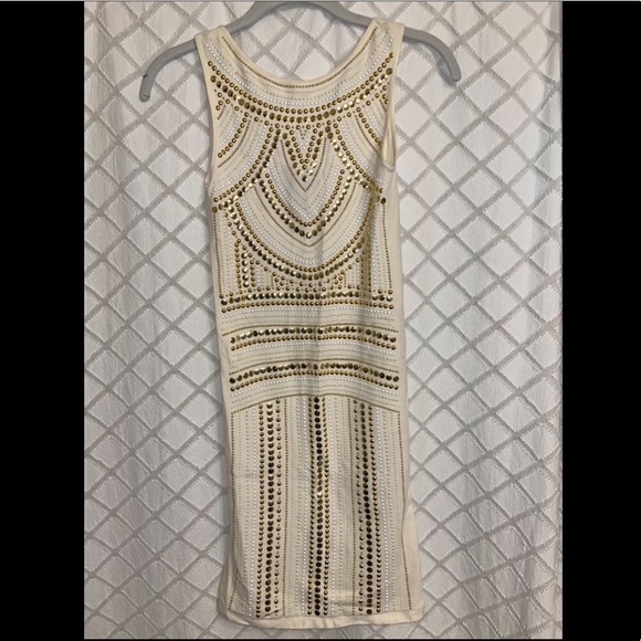 Bebe crème color body con dress with gold bedazzled - Picture 1 of 3